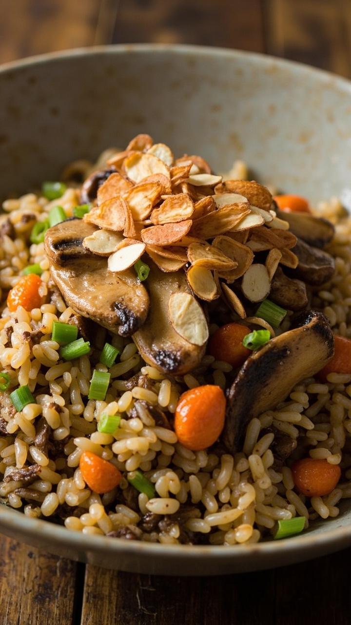 A shallow, wide bowl filled with fluffy wild rice flecked with dark-brown grains, mixed with sautéed orange lobster mushrooms and chopped green onions. Toasted slivered almonds are scattered on top, giving a rustic vibe.