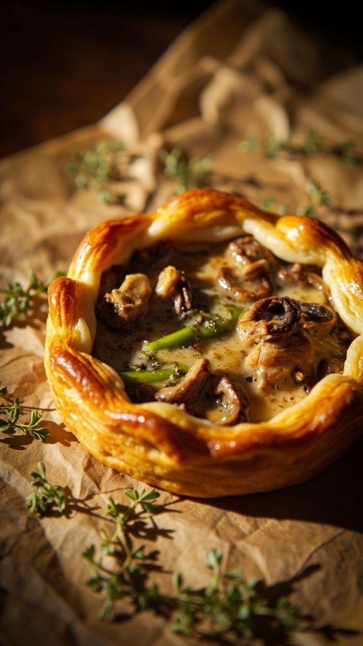 A free-form golden tart with a flaky crust folded over, revealing a filling of sautéed lobster mushrooms and leeks with hints of cream and herbs. It sits on parchment with a few scattered thyme sprigs.