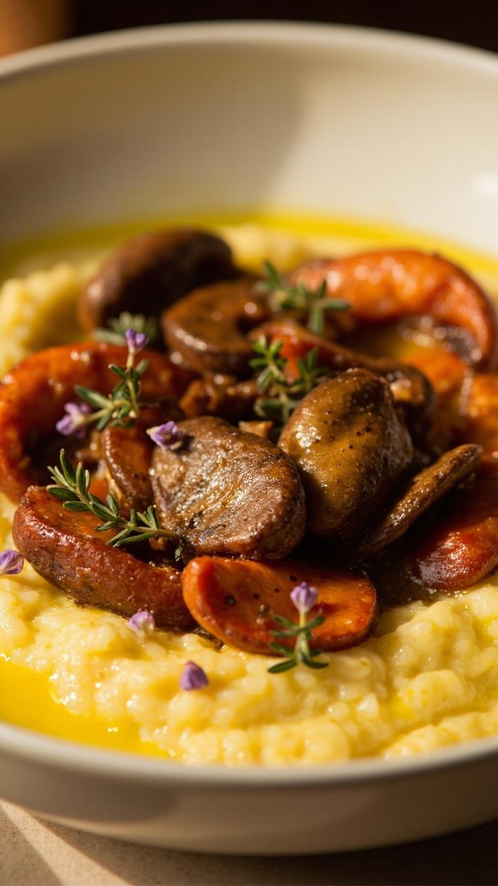 A wide shallow bowl filled with soft yellow polenta, topped with a creamy mushroom ragout highlighted by the lobster mushrooms’ orange and red hues. A drizzle of olive oil and a few thyme leaves finish the look.