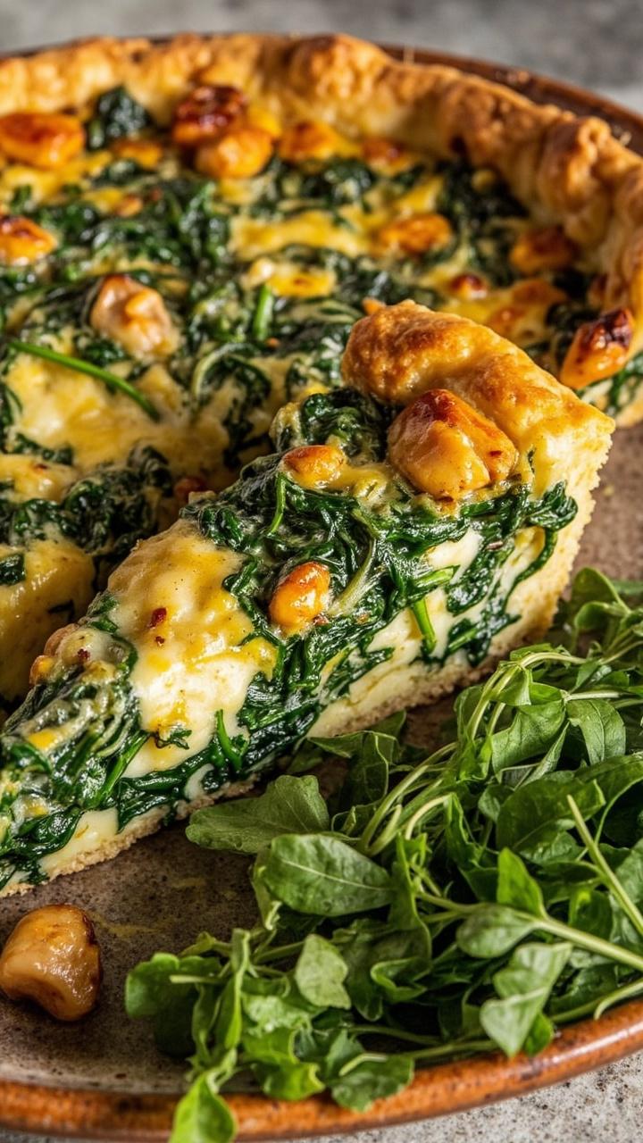 A deep-dish quiche cut into wedges, filled with bright green spinach ribbons, chunks of orange lobster mushroom, and flecks of melted cheese. A simple green salad with vinaigrette sits alongside.