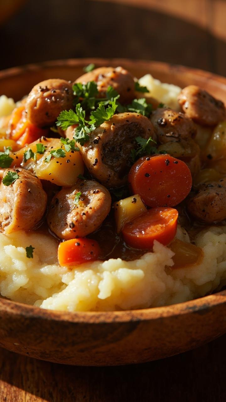 A rustic bowl filled with smooth, buttery mashed potatoes, topped with a thick, savory ragu of orange-red lobster mushrooms, diced carrots, and onions. A garnish of fresh parsley and cracked pepper.