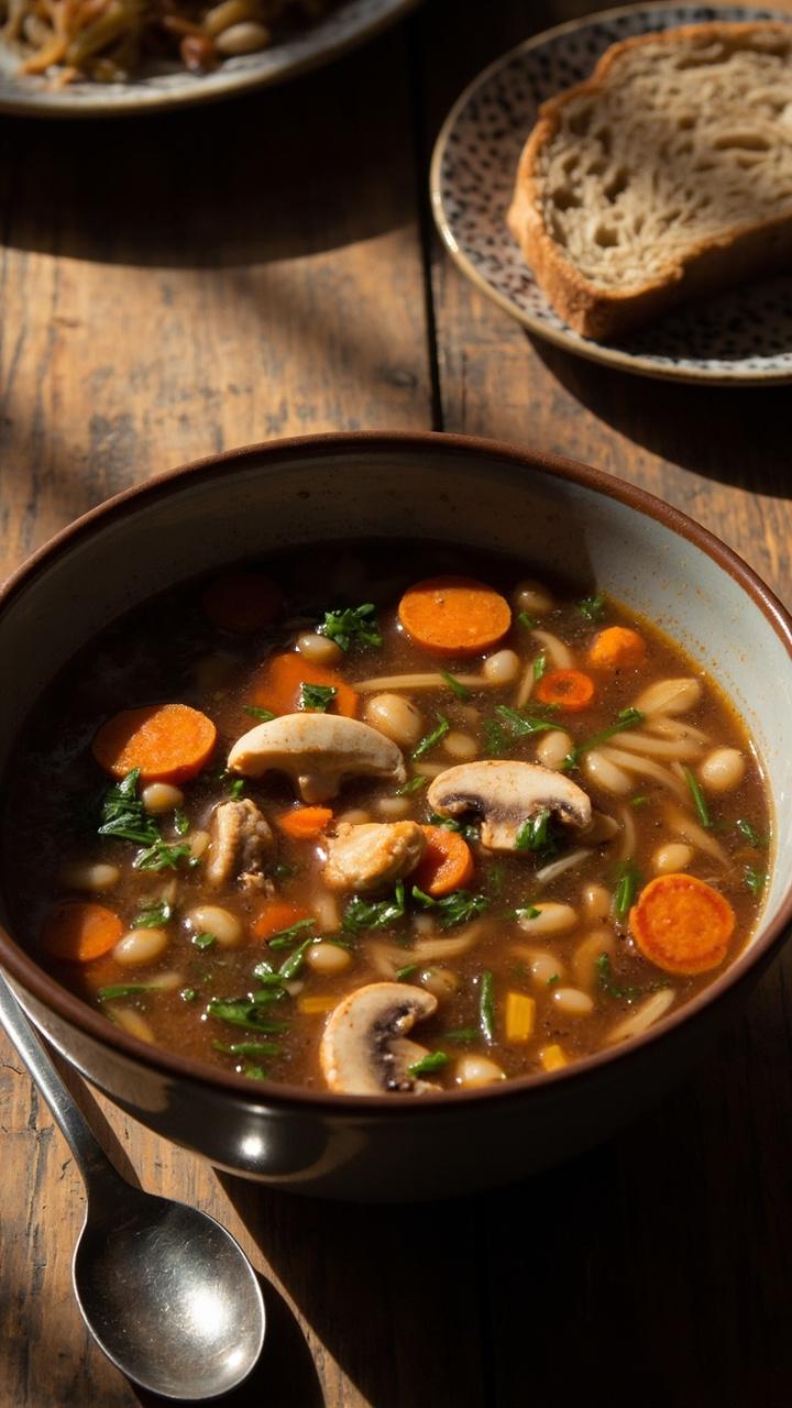 A deep soup bowl filled with broth-based mushroom and barley soup, with visible slices of lobster mushroom, pearl barley, carrots, and green herbs. A soup spoon rests to the side, with a slice of whole-grain bread nearby.