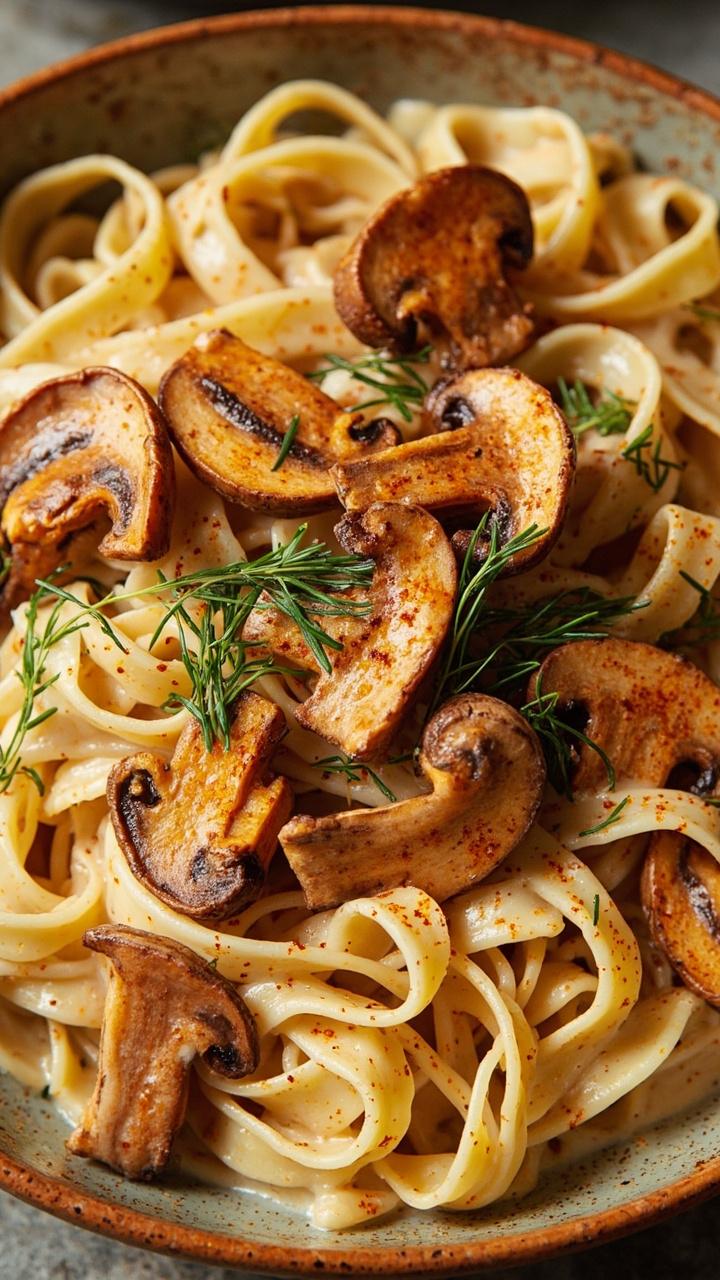 A bowl filled with wide egg noodles tossed in a pale, creamy sauce, generously coated with sautéed slices of orange lobster mushrooms. Chopped fresh dill and a sprinkle of paprika for garnish.