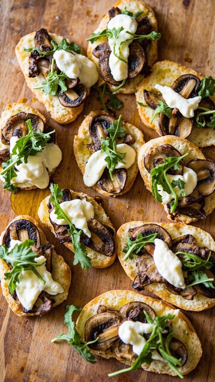 Oblong flatbreads on a wooden board, each topped with roasted lobster mushroom slices, melted goat cheese, a few arugula leaves, and a drizzle of olive oil. Sliced into rustic pieces.