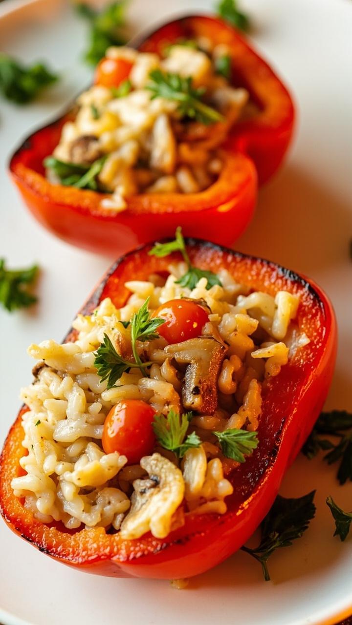 Red bell peppers halved and roasted, filled with a savory mixture of rice, golden lobster mushrooms, diced tomatoes, and green herbs. Each pepper half rests on a white plate, garnished with extra parsley.