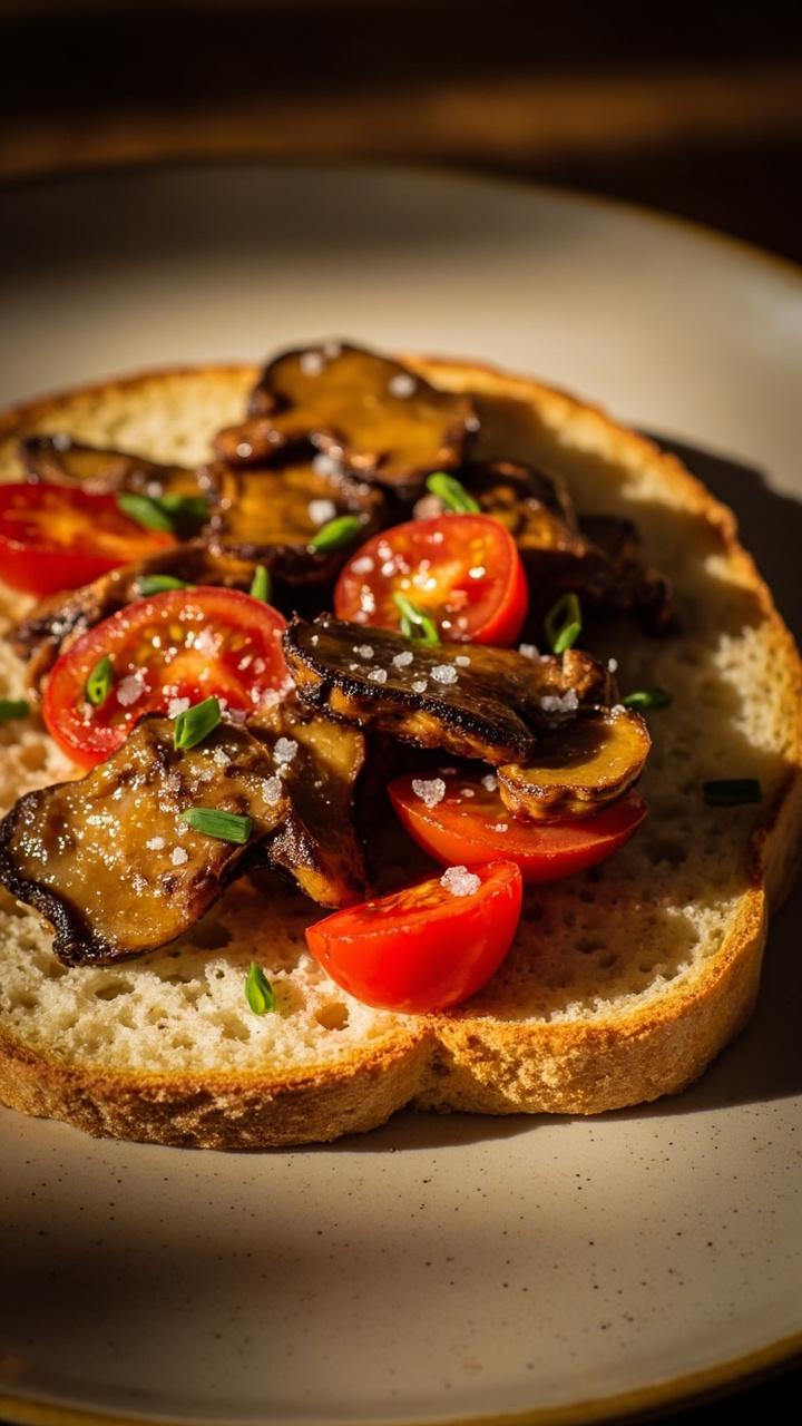 Thick country bread toasted to golden brown, piled high with sautéed orange lobster mushrooms and cherry tomato halves. Finished with a sprinkle of flaky salt and chopped chives, served on a ceramic plate.