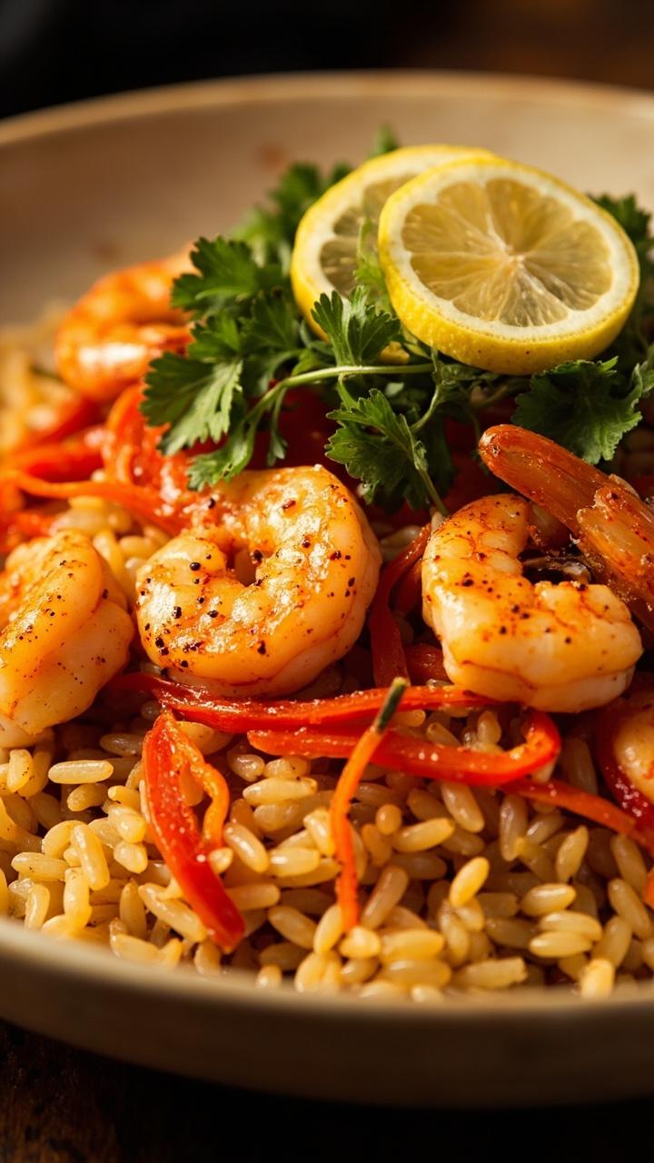 A low, wide bowl of fluffy farro pilaf with golden shrimp dusted in smoked paprika, sautéed red pepper strips, and a handful of chopped parsley and lemon slices for garnish.