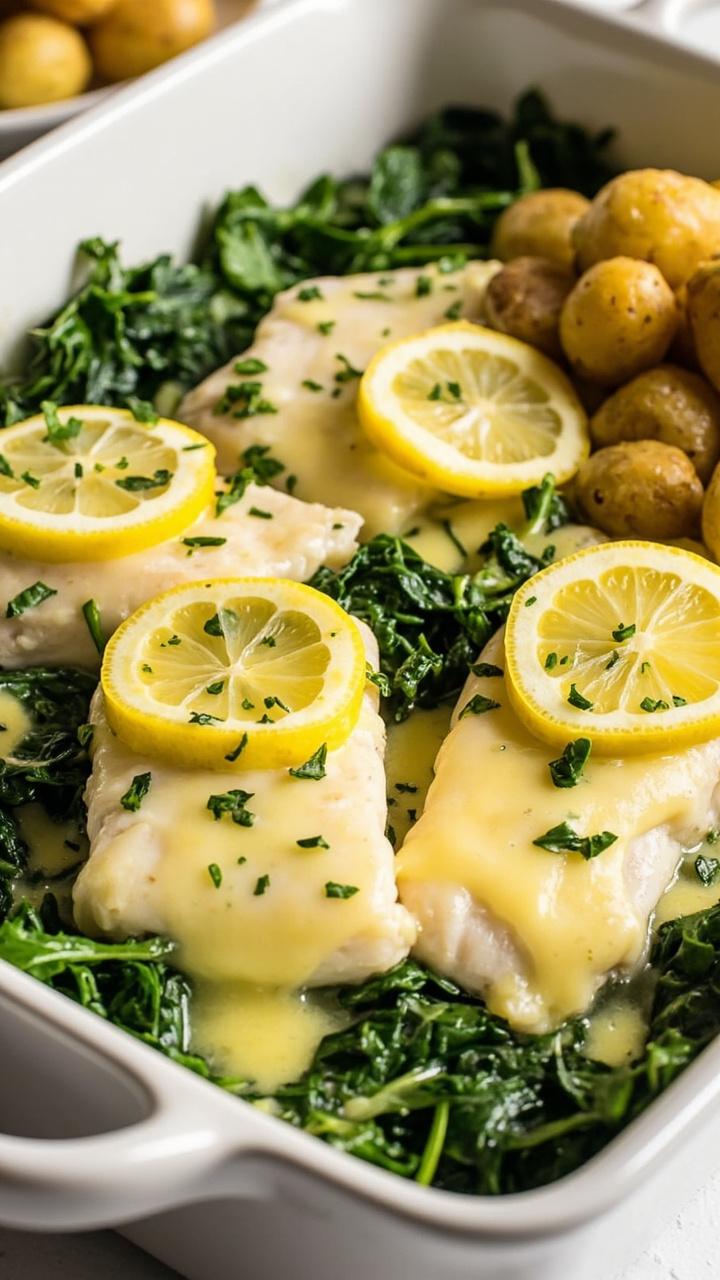 A white ceramic baking dish with flaky cod fillets topped with a shiny lemon-butter sauce, scattered with chopped parsley and a thin slice of lemon on each piece. The fillets rest on a bed of wilted spinach, with steamed baby potatoes on the side. The scene is bright, simple, and inviting.