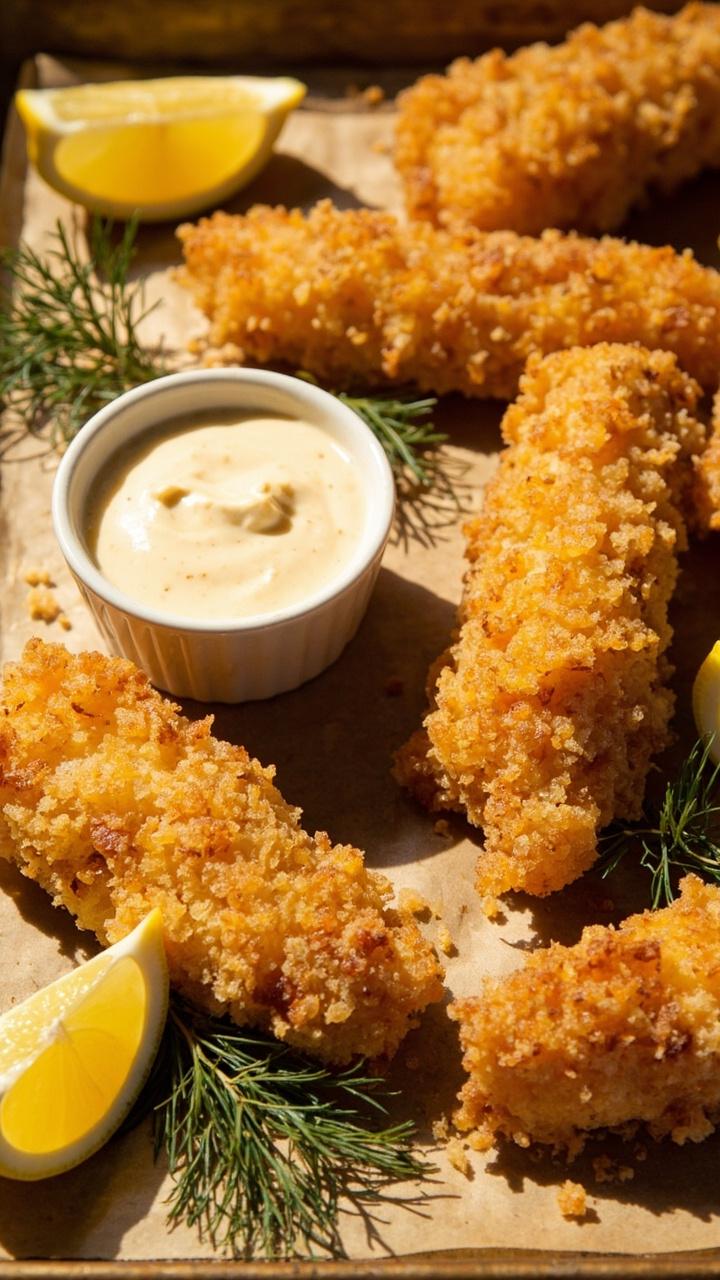 Golden, crunchy cod fingers lined on a parchment-lined baking tray, with a small ramekin of creamy tartar sauce and lemon wedges on the side. Sprigs of dill and scattered panko crumbs add a crispy, inviting texture.