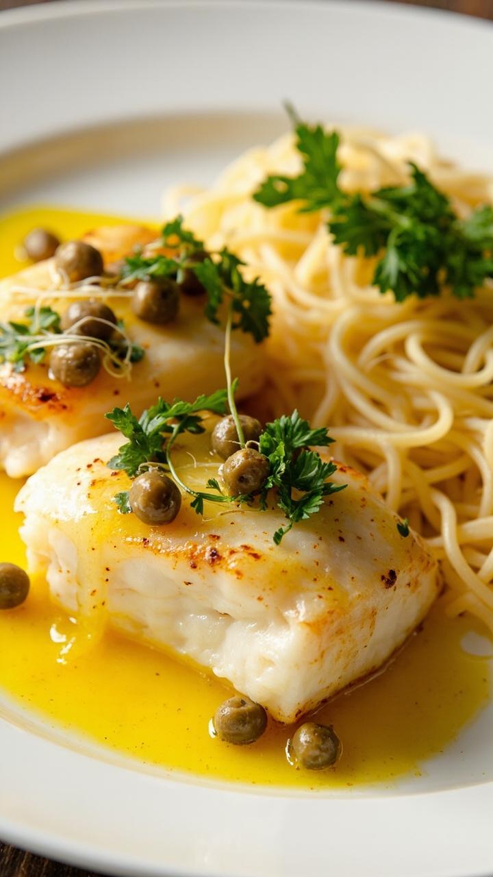 Sautéed cod fillets on a ceramic dinner plate, doused in a glistening lemon-caper sauce. A handful of chopped parsley and lemon zest are sprinkled on top, with capers dotting the golden sauce. Next to the fillet is a portion of angel hair pasta, lightly glossed with olive oil.