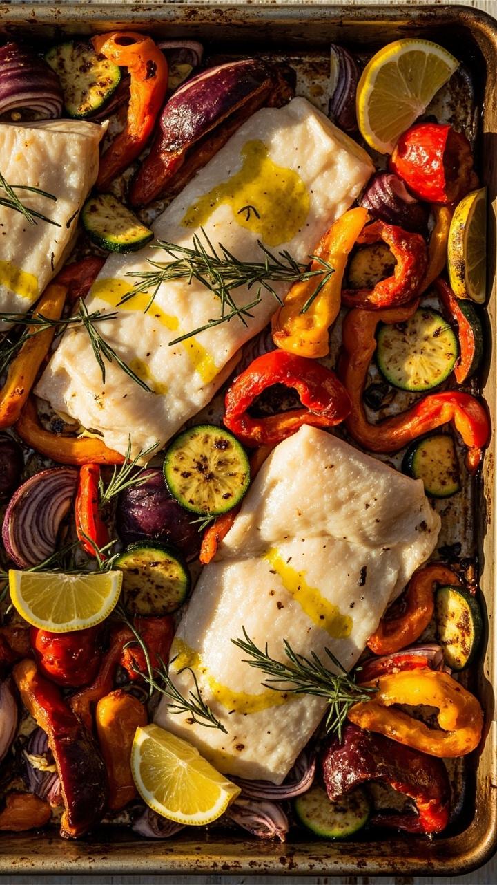A rimmed baking sheet lined with cod fillets surrounded by rainbow bell peppers, red onion wedges, and zucchini coins, all glistening with olive oil and herbs. The vegetables are roasted but vibrantly colored. Lemon wedges are scattered on the tray for squeezing at the table.
