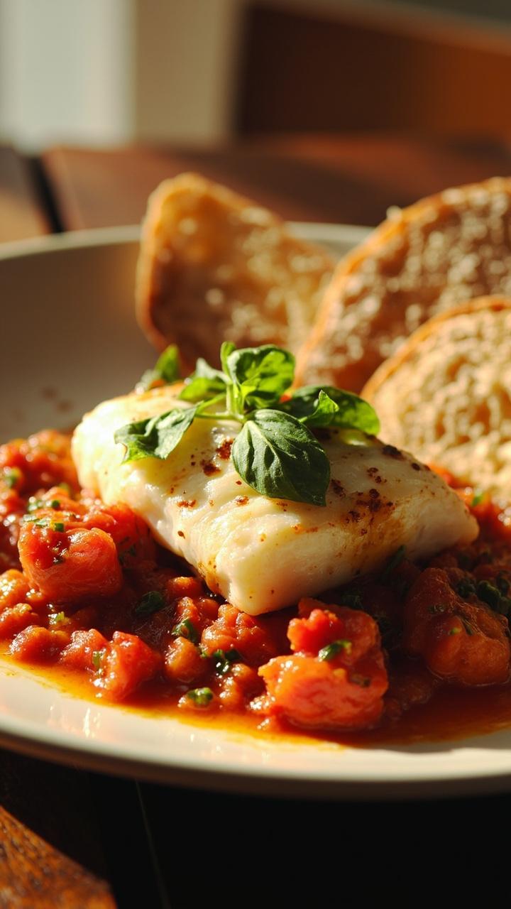 A shallow pasta bowl with a poached cod fillet nestled in a bright chunky tomato-garlic sauce. The sauce is sprinkled with torn fresh basil and drizzled with olive oil. On the side are slices of crusty bread for dipping.