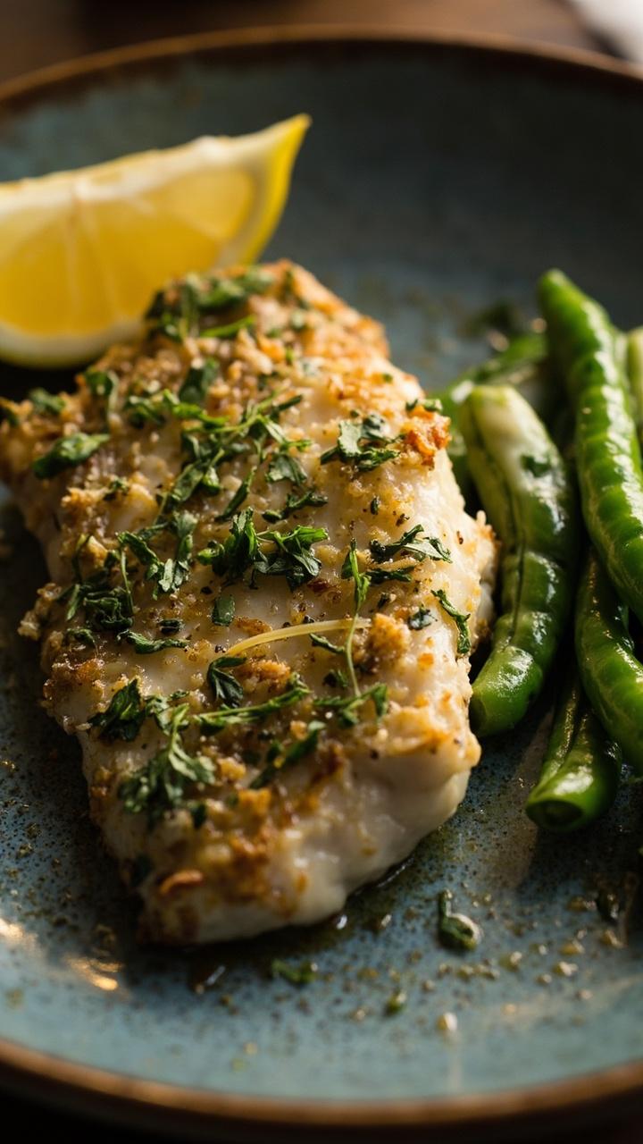 A gray-blue stoneware plate with a fillet topped in golden-green herb crust, crispy at the edges with flecks of parmesan and parsley. The fillet is paired with lightly buttered green beans and a wedge of lemon. The crust looks crisp and inviting.