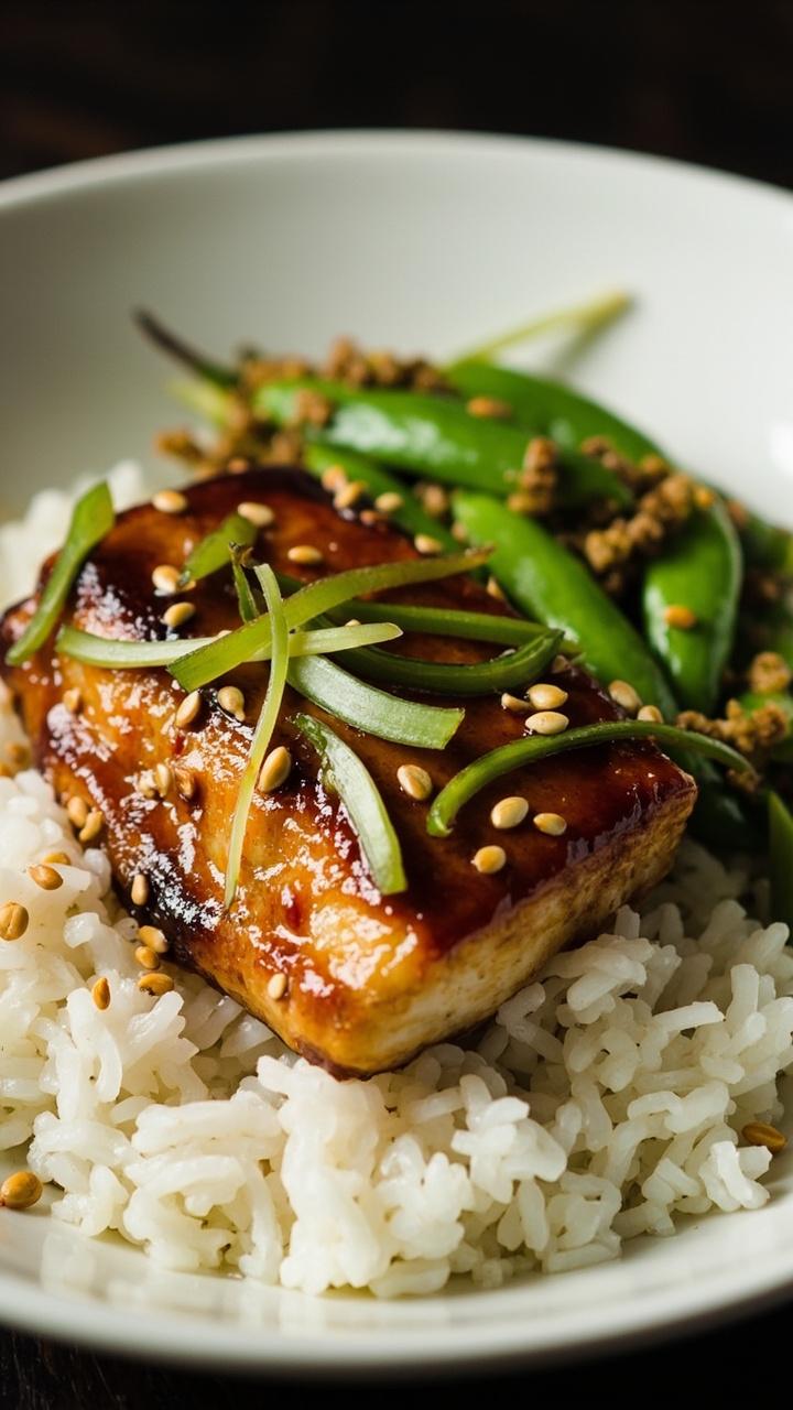 White rice in a shallow bowl topped with glossy, caramel-brown cod fillet, garnished with sliced scallions and sesame seeds. A small bundle of sautéed snap peas sits neatly alongside. The glaze on the fish is shiny and richly colored.