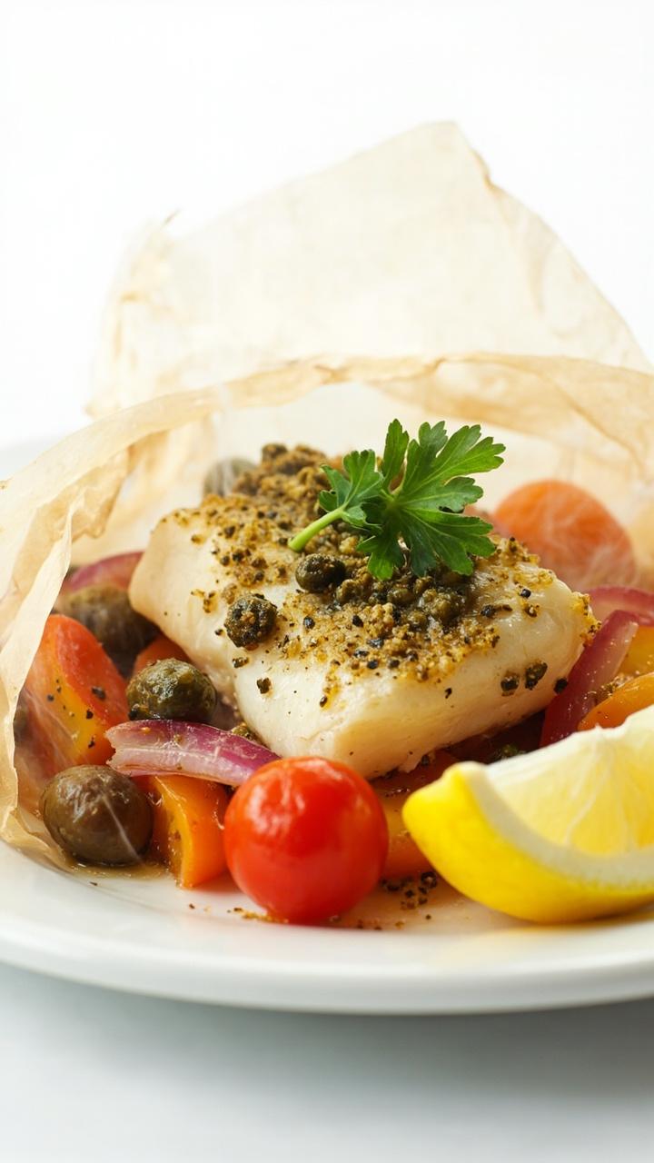 A parchment paper packet opened on a white plate, revealing cod fillet with halved cherry tomatoes, thinly sliced olives, and capers. Wisps of steam rise, and everything is showered with fresh parsley. A lemon wedge sits at the side for squeezing.