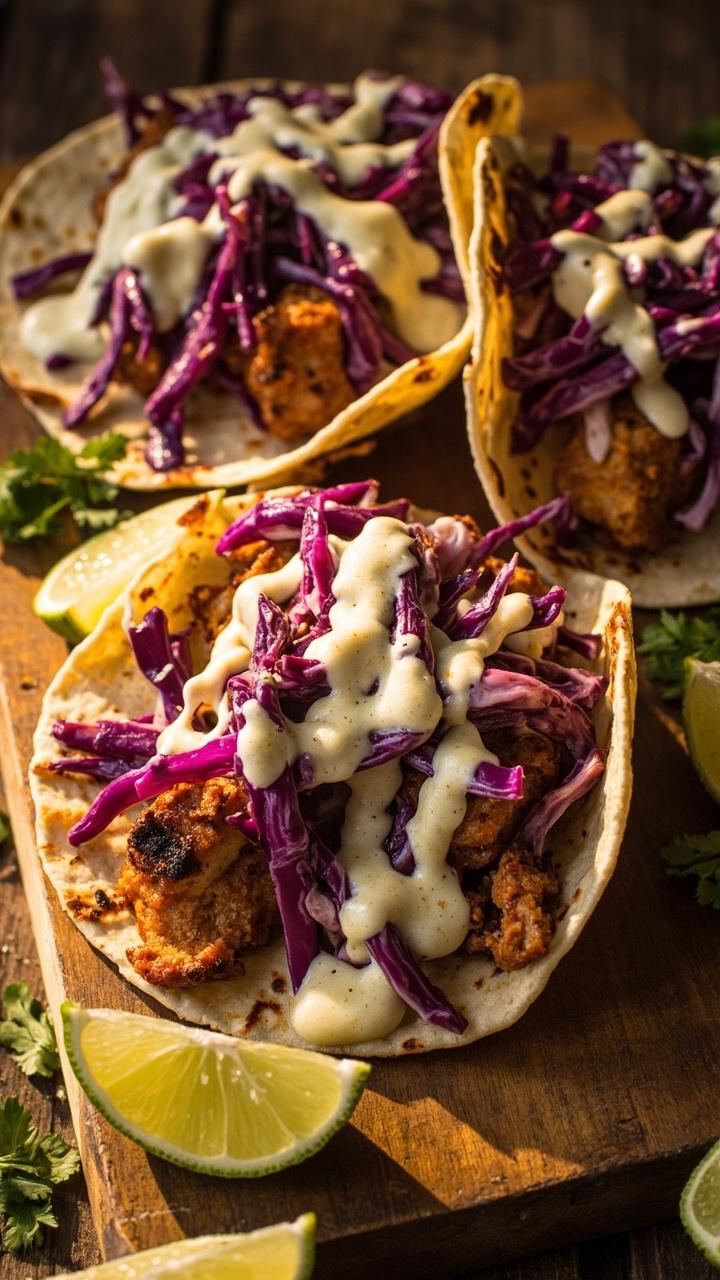 Corn tortillas filled with flaky, spiced cod, topped with a crunchy purple cabbage slaw and a drizzle of lime crema. Whole tacos are stacked on a rustic wooden board with lime wedges and chopped cilantro scattered round.