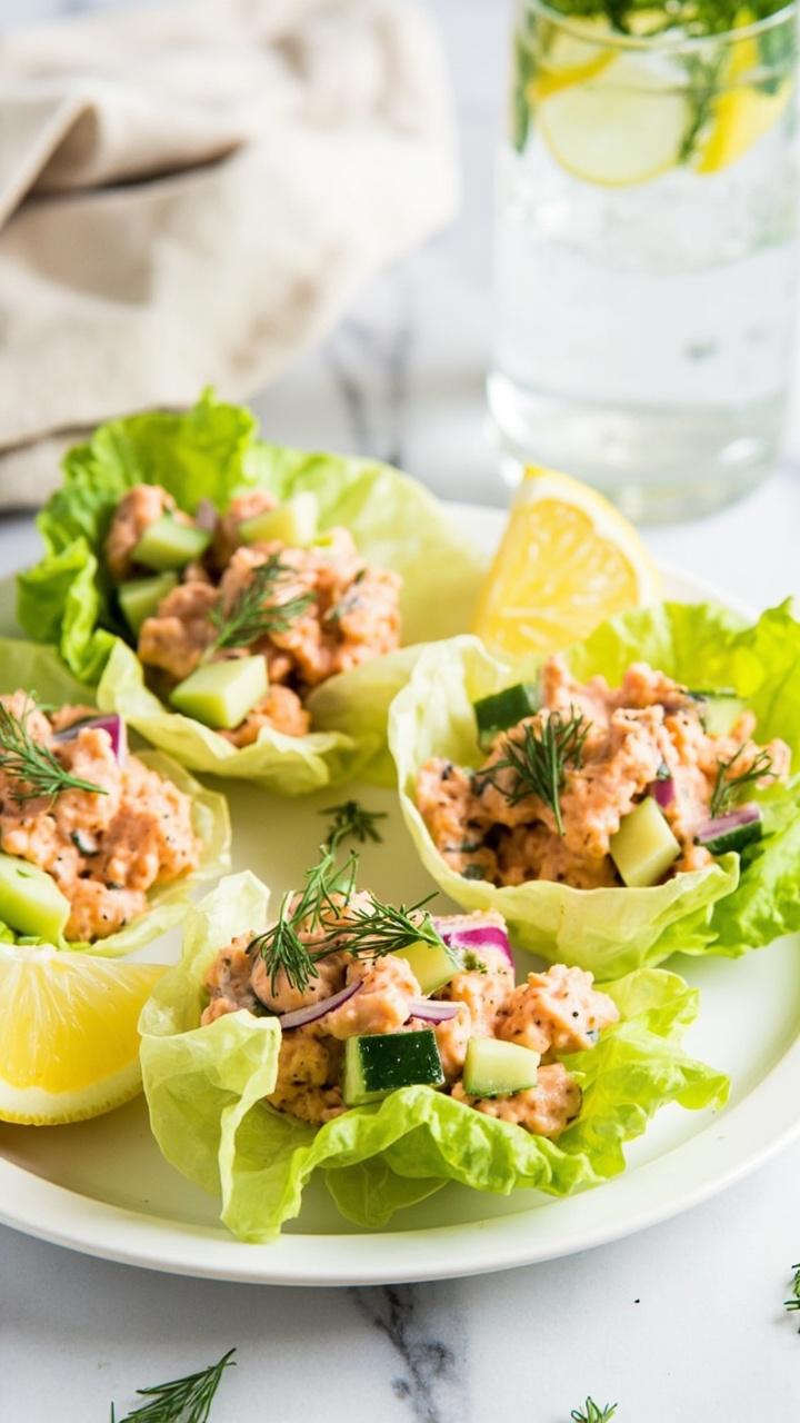 Three butter lettuce cups on a white plate, each filled with creamy herbed salmon salad, topped with chopped cucumber, red onion, and a sprinkle of fresh dill. A wedge of lemon sits on the side. The background is a neutral linen napkin with a glass of iced water.