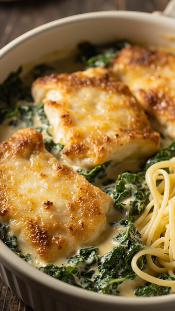 A shallow white baking dish with cod fillets nestled in vibrant creamed spinach, dusted with melted parmesan. The top is bubbled and golden at the edges. Served with buttered noodles on the side.