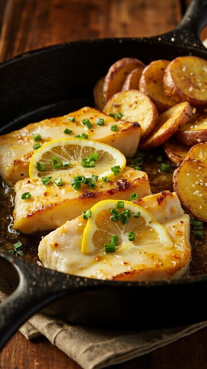 A cast iron skillet with golden, seared cod fillets, glossy with melted garlic butter and a squeeze of fresh lemon. Chopped chives scatter across the tops. Next to the fillets are roasted potato rounds dusted with salt.