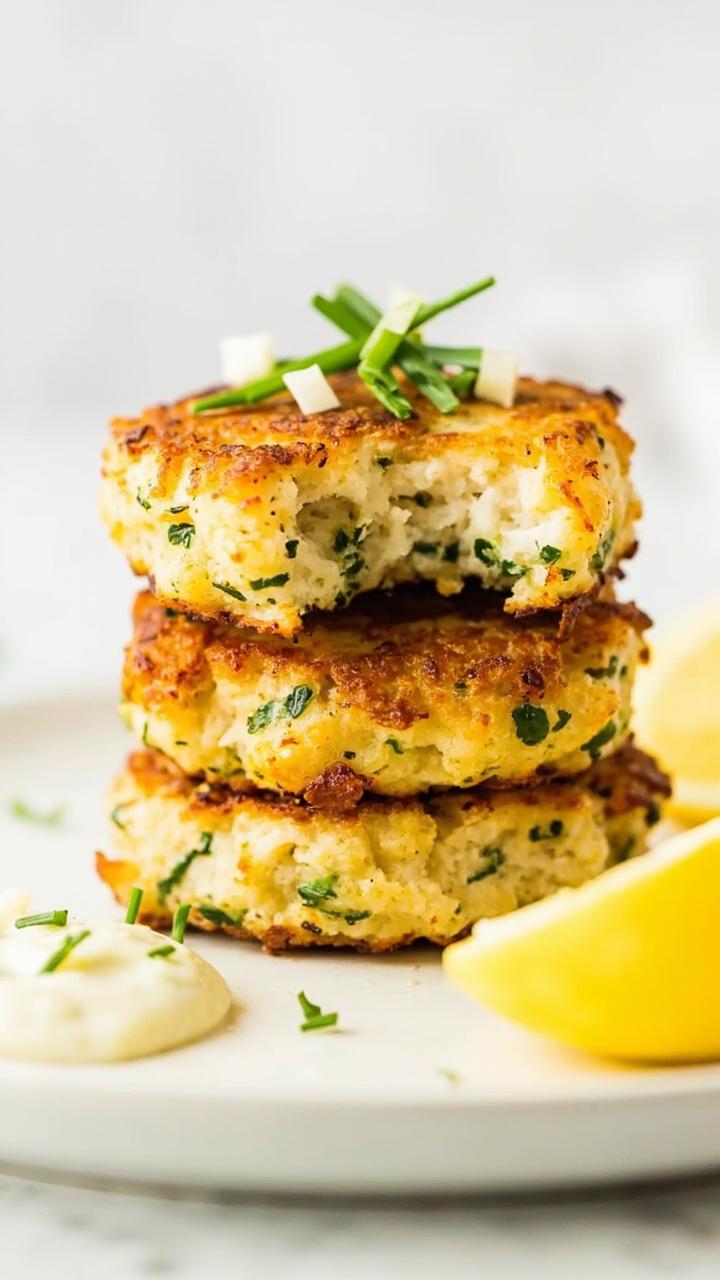 Three golden fish cakes stacked on a small white plate, the edges crispy and the inside flecked with green herbs. A side of homemade tartar sauce and lemon wedge complete the plate. There’s a light sprinkle of chives on top.