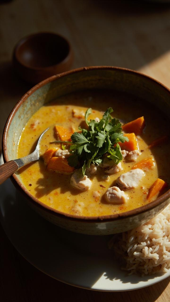 A rustic bowl filled with a creamy yellow coconut broth, chunks of cod and sweet potatoes peeking out, topped with a sprinkle of fresh cilantro. There’s a spoon resting in the bowl and a side of jasmine rice.
