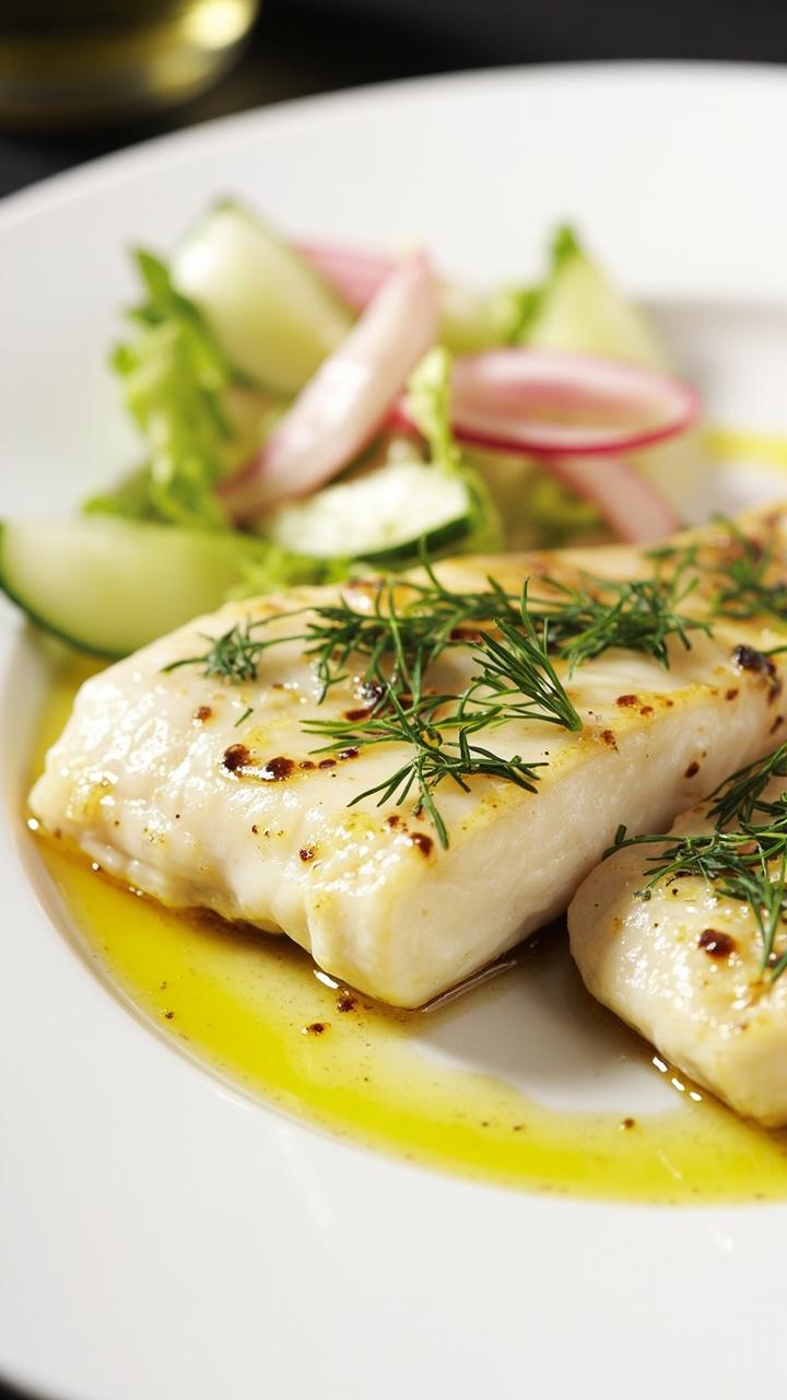 Broiled cod fillet on a white plate, topped with chopped fresh dill and a drizzle of olive oil. The fish looks juicy and just opaque at the center. There’s a side salad of cucumber and radish dressed lightly with lemon.