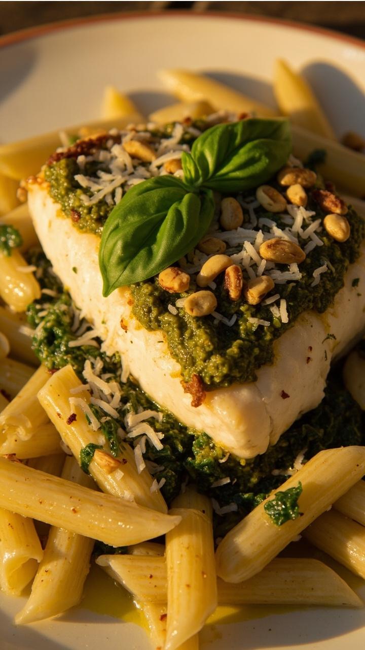 A piece of cod fillet baked with a vibrant green pesto crust, resting on a plate of al dente penne tossed with olive oil. Pine nuts and extra parmesan are sprinkled over the top, and a basil leaf is set for garnish.