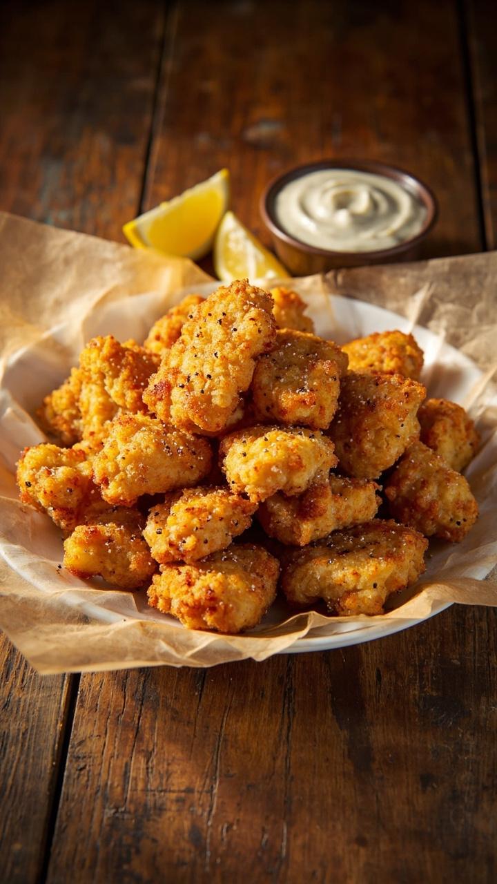 A white platter piled high with golden-brown catfish nuggets, flecked with black pepper, nestled beside lemon wedges and a small bowl of creamy tartar sauce. The nuggets are arranged on parchment paper over a rustic wooden table.