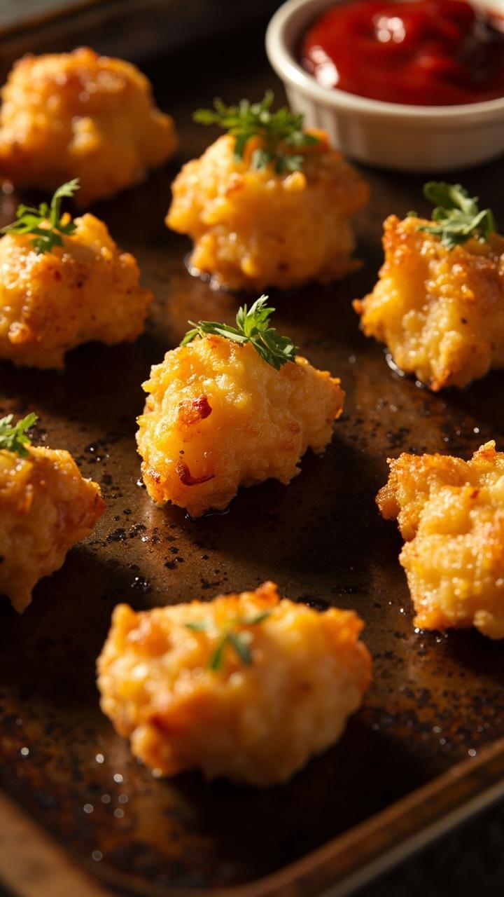 A nonstick baking sheet with neatly spaced catfish nuggets, each evenly coated and golden. The nuggets sit alongside a small dish of ketchup and a sprinkling of fresh parsley over the top.