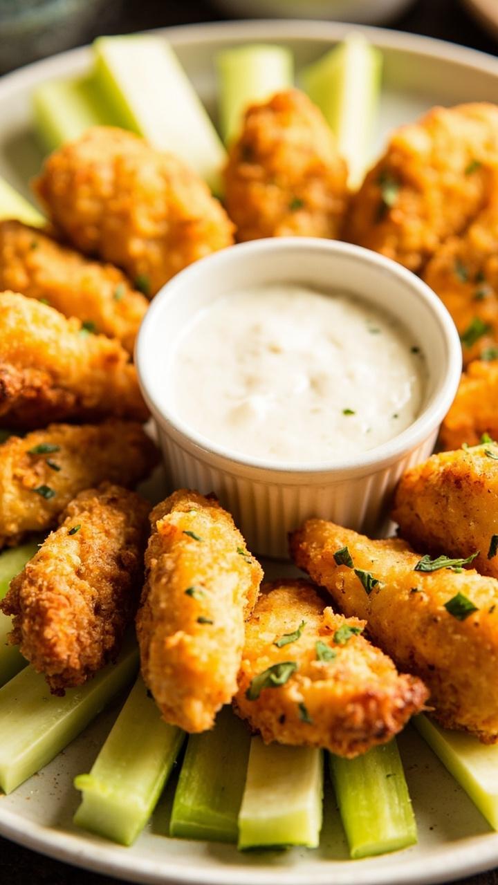 A round plate of lightly browned catfish nuggets, sprinkled with dried parsley. There’s a bowl of ranch dressing in the center for dipping, and a few celery sticks around the edge.
