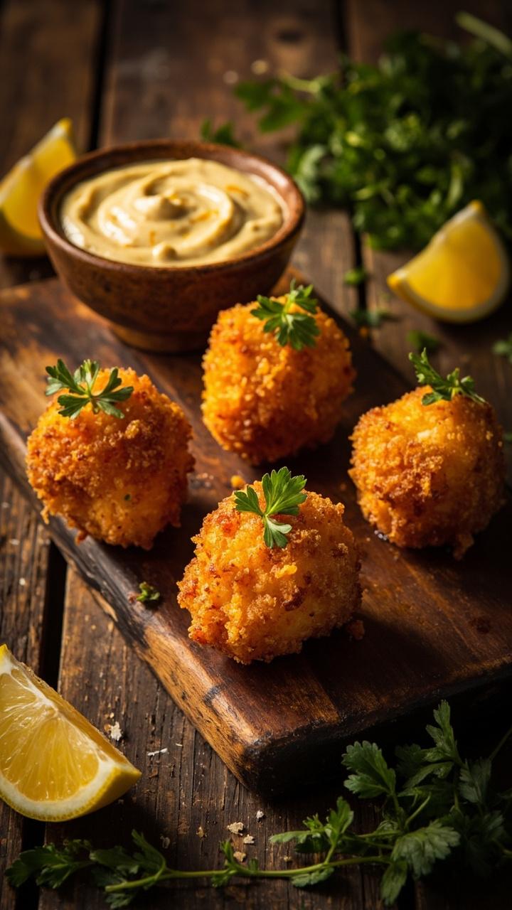 Four golden-brown croquettes on a rustic wood board, each garnished with parsley. A small bowl of creamy aioli with flecks of minced garlic sits alongside lemon wedges and a scattering of fresh herbs.