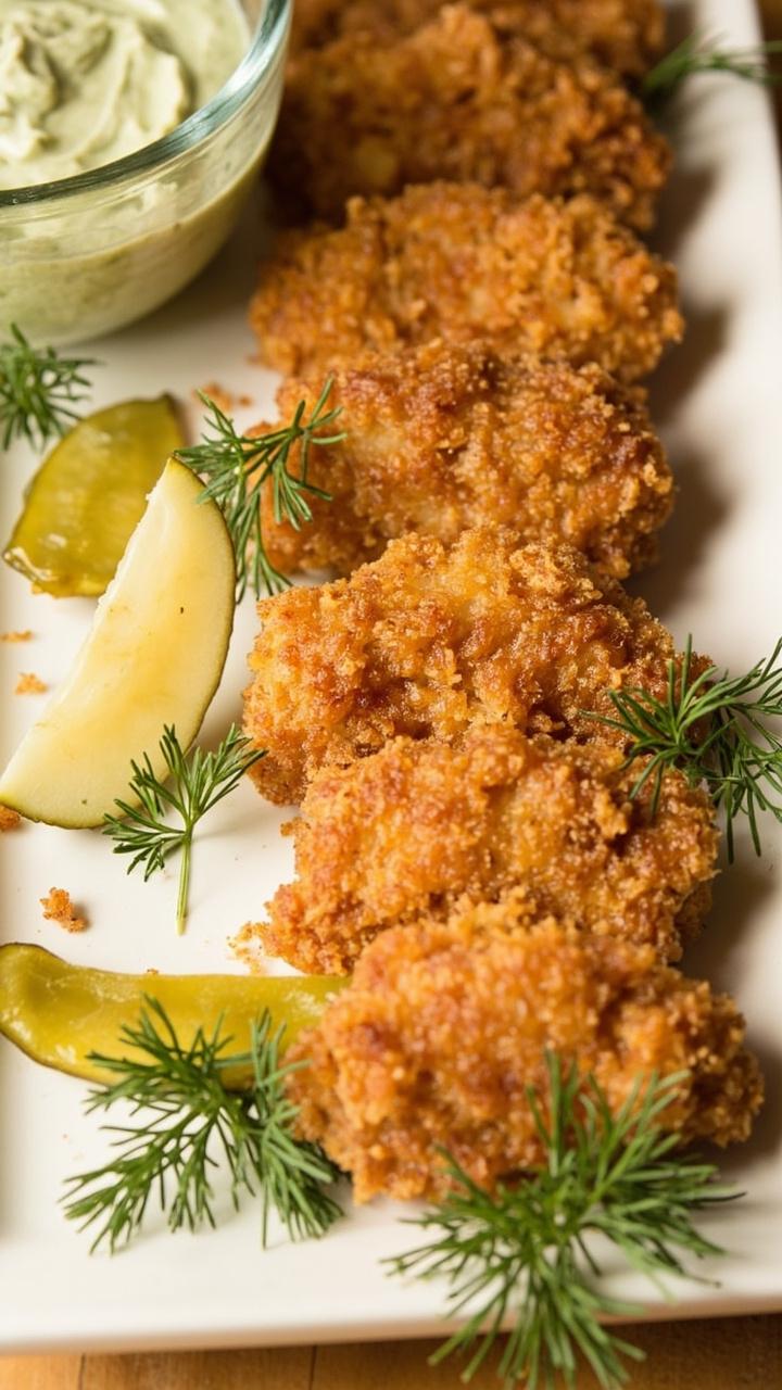 A rectangular platter with catfish nuggets stacked in a row next to a small bowl of light green dill pickle dip. Fresh dill and pickle slices are used as garnishes on the side.