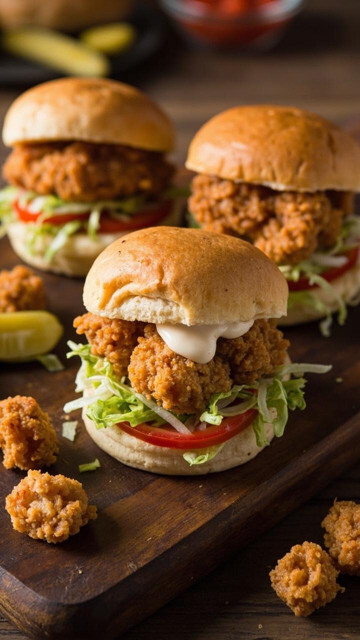 A dark wooden serving board lined with three small slider rolls split open, each filled with crispy catfish nuggets, shredded lettuce, tomato slices, and a swipe of creamy remoulade. A few extra nuggets and pickles scattered alongside.
