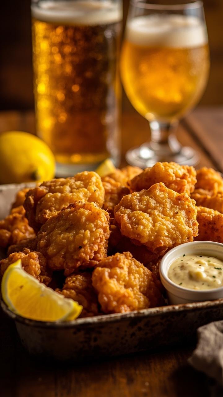 A paper-lined enamel tray heaped with puffy, golden beer-battered nuggets. There’s a wedge of lemon and a side of homemade tartar sauce, with a cold beer glass just out of focus.