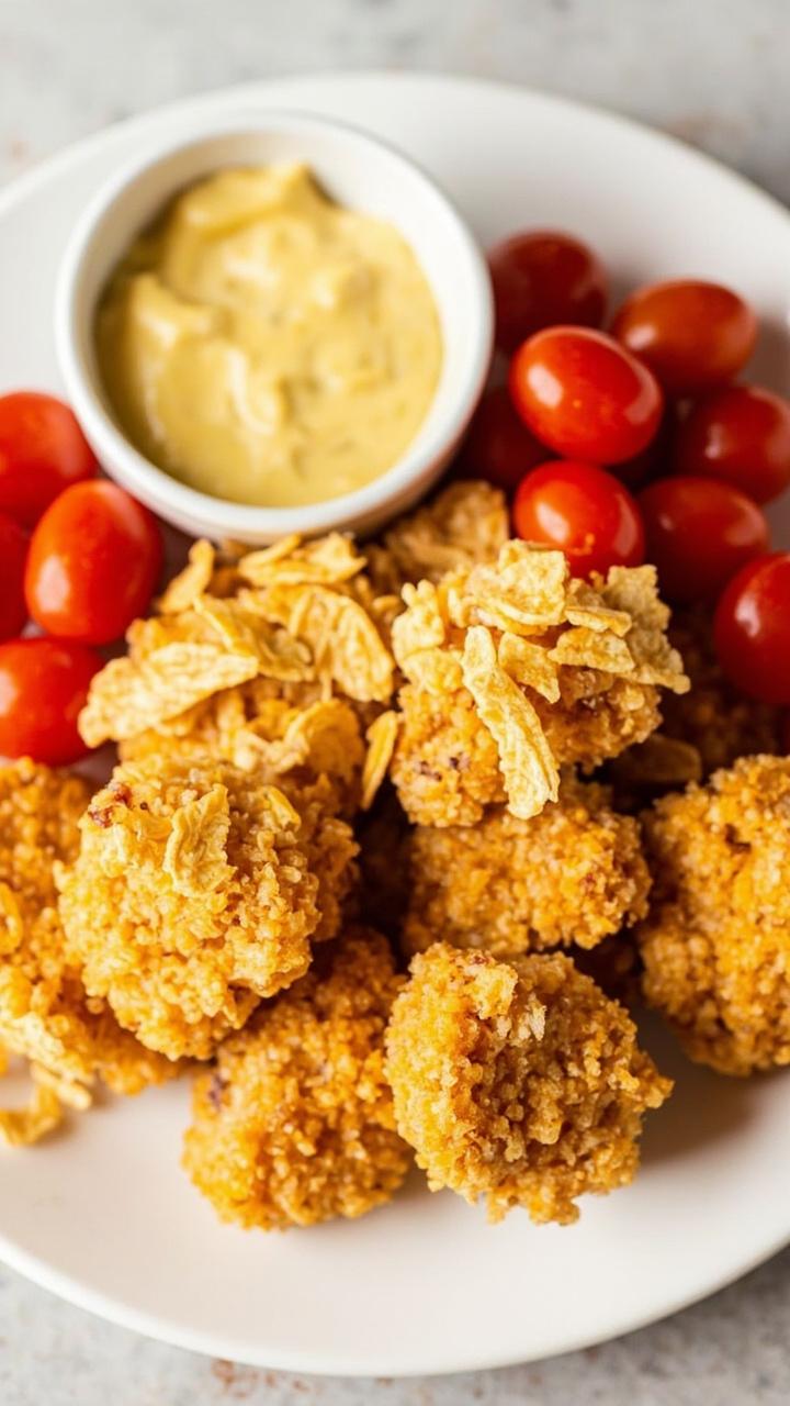 A simple lunch plate with chunky catfish nuggets covered in a craggy golden coating, a few grape tomatoes, and a tiny ramekin of honey mustard dip. A handful of cornflakes is scattered for texture.