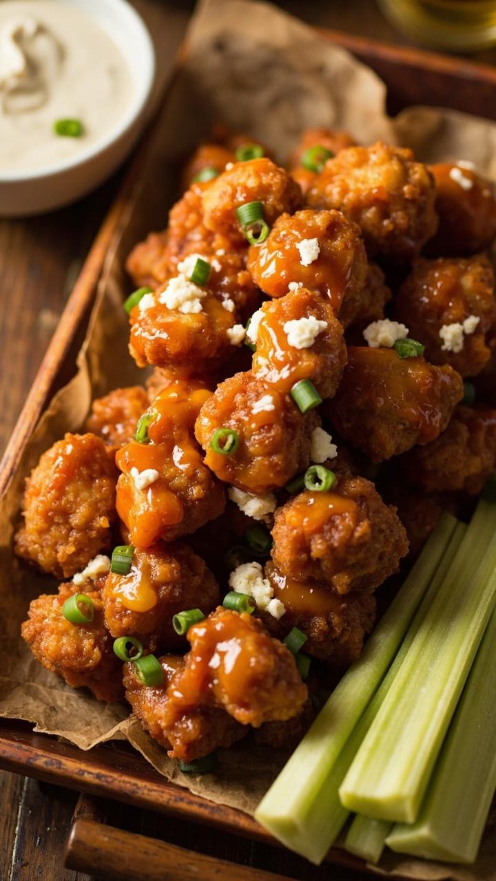 A parchment-lined tray piled with orange-glazed nuggets, dotted with crumbled blue cheese and snipped chives. Celery sticks and a bowl of ranch sit on the side.