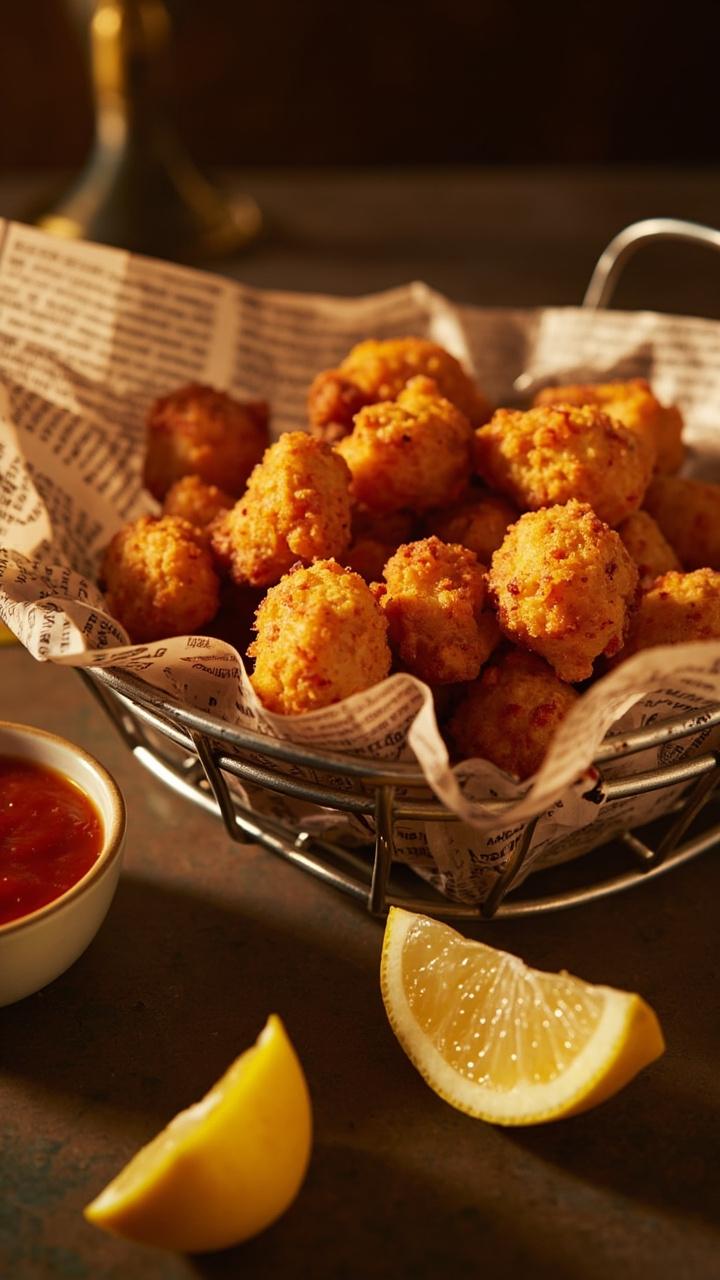 A metal basket lined with newspaper print wax paper, loaded with golden nuggets dusted with Old Bay. Lemon wedges and a simple cocktail sauce sit beside.