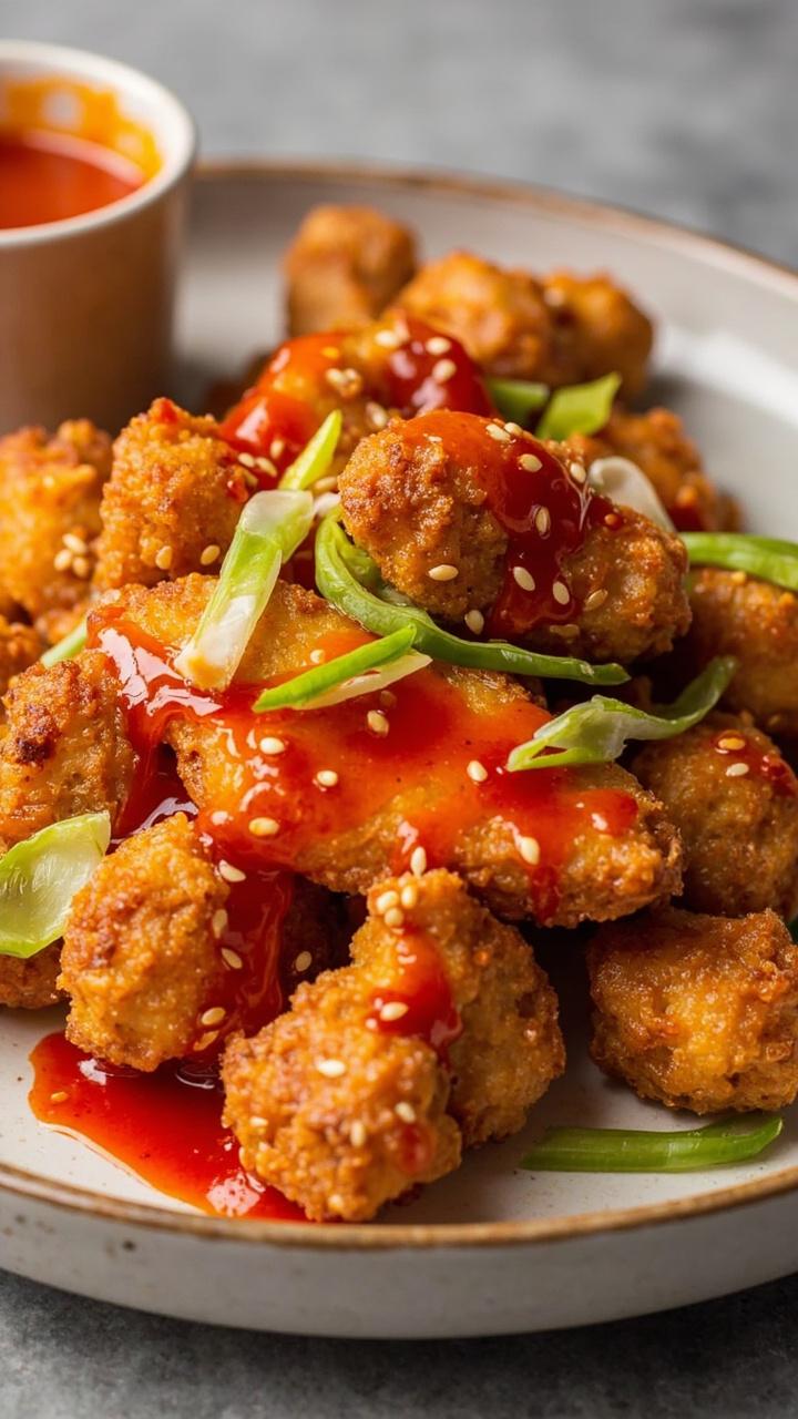A ceramic serving plate with glossy catfish nuggets tossed in red-orange sweet chili sauce, sprinkled with sesame seeds and sliced green onion. Small bowl of extra glaze on the side.