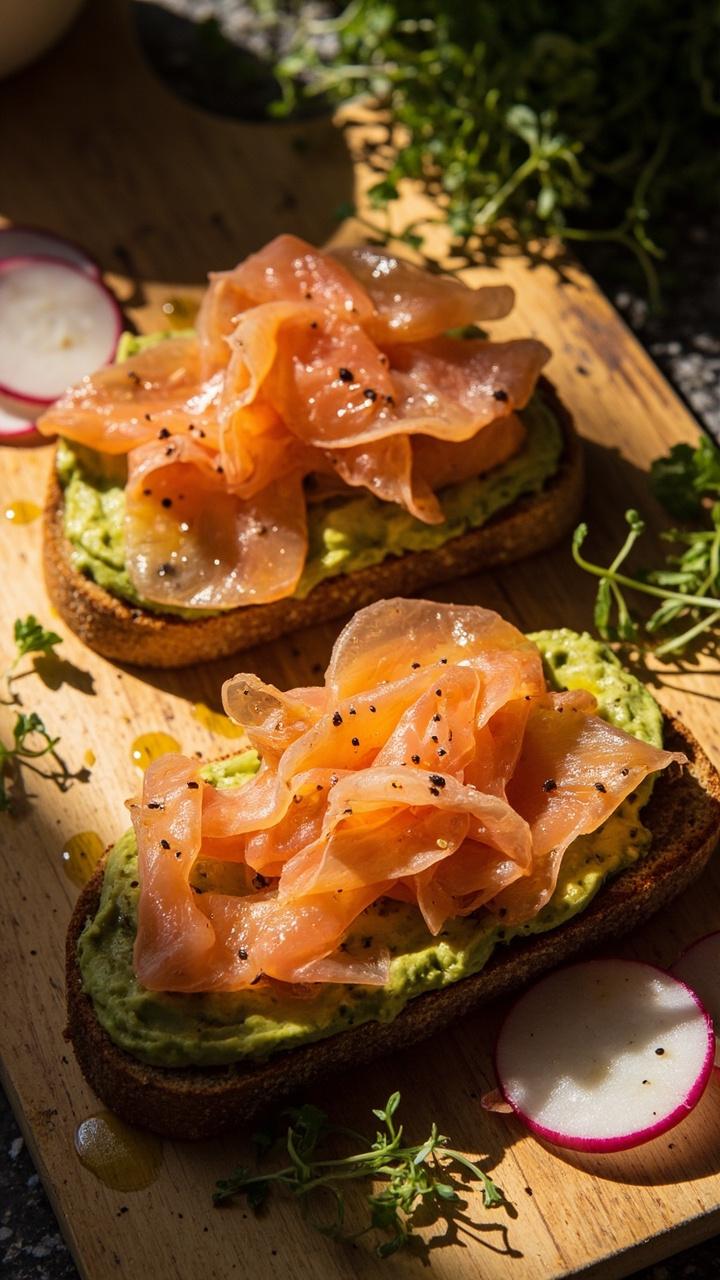 Two thick slices of toasted sourdough on a wood board, topped with mashed avocado, flaky salmon, a drizzle of olive oil, and cracked black pepper. Edges are garnished with microgreens and thin radish slices. Sunlight streams across the scene.