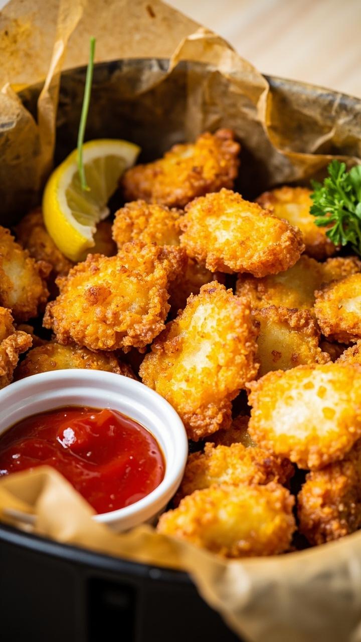 A parchment-lined air fryer basket overflowing with evenly crisped nuggets, lightly browned and surrounded by a ramekin of ketchup and a lemon wedge. Few sprigs of parsley for color.