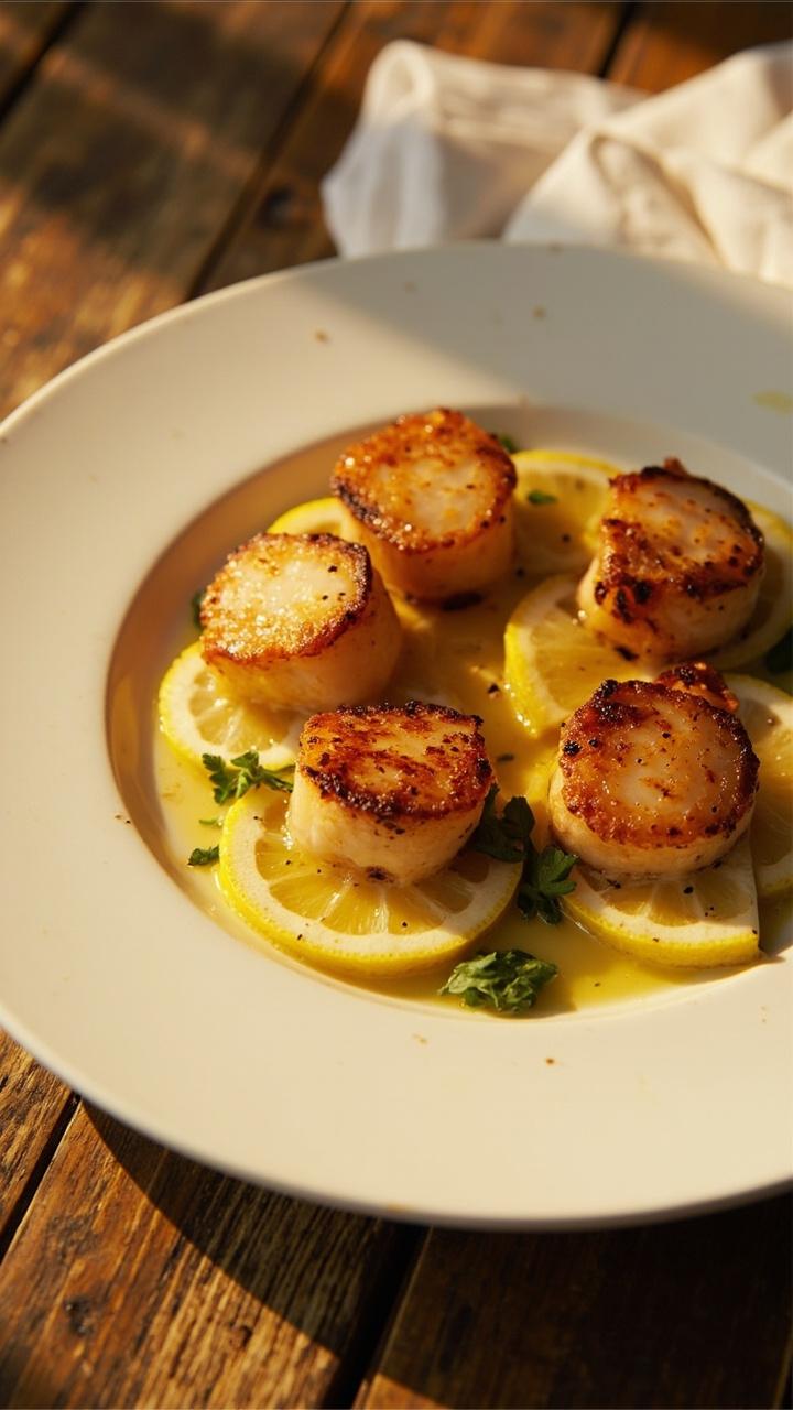 A white ceramic plate holds plump pan-seared scallops with golden crusts, glistening in a pool of warm lemon butter. Slivers of lemon and a sprinkle of finely chopped parsley sit alongside. The plate sits on a rustic wooden table with a linen napkin.