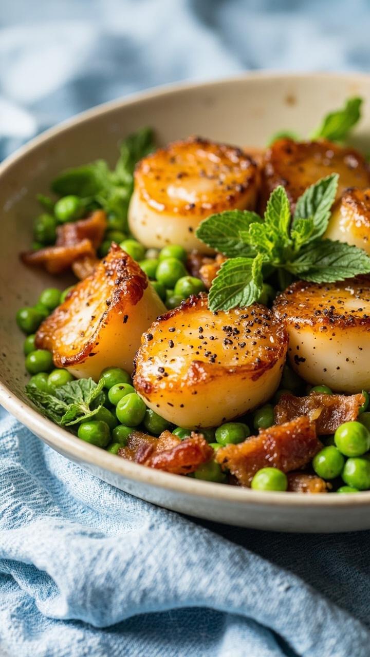 A shallow bowl is filled with golden scallops nestled among bright green peas and scattered crispy bacon bits. It’s finished with a sprinkle of black pepper and a few fresh mint leaves. The bowl rests on a blue linen cloth.