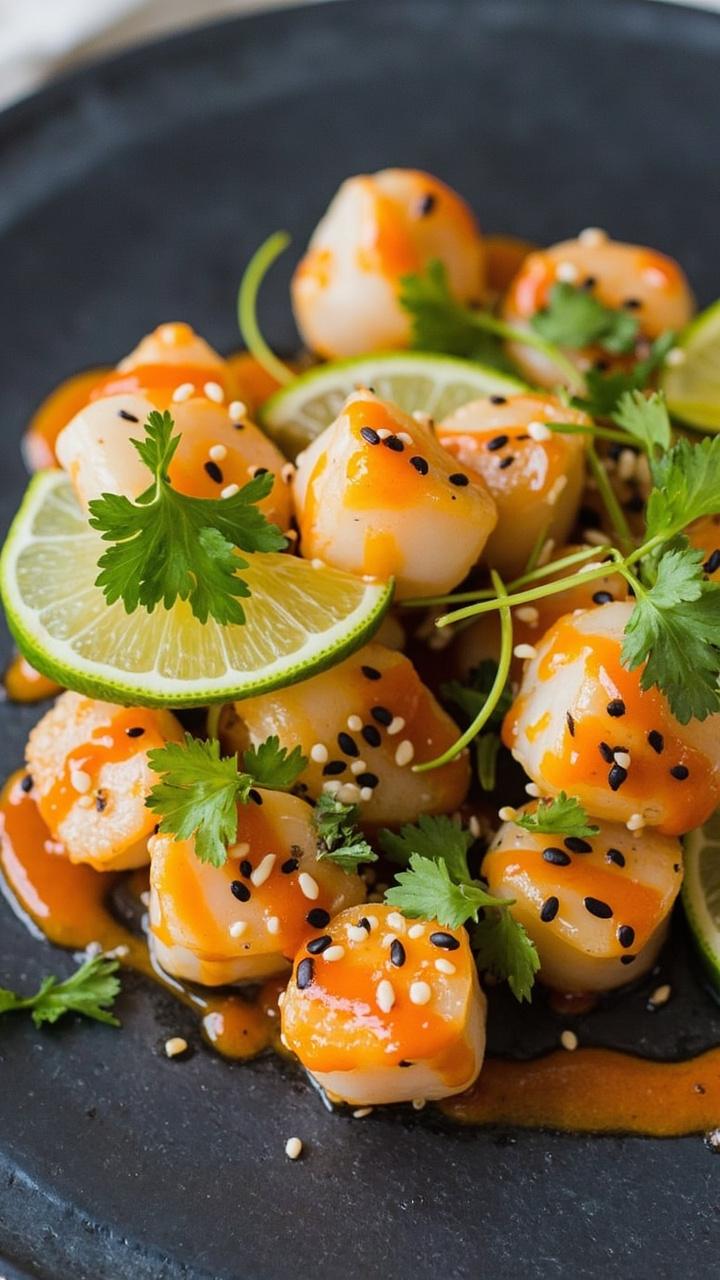Scallops are arranged on a round slate plate, glazed with a light orange sriracha-lime sauce and dusted with sesame seeds. Slices of lime and a few cilantro leaves garnish the plate.