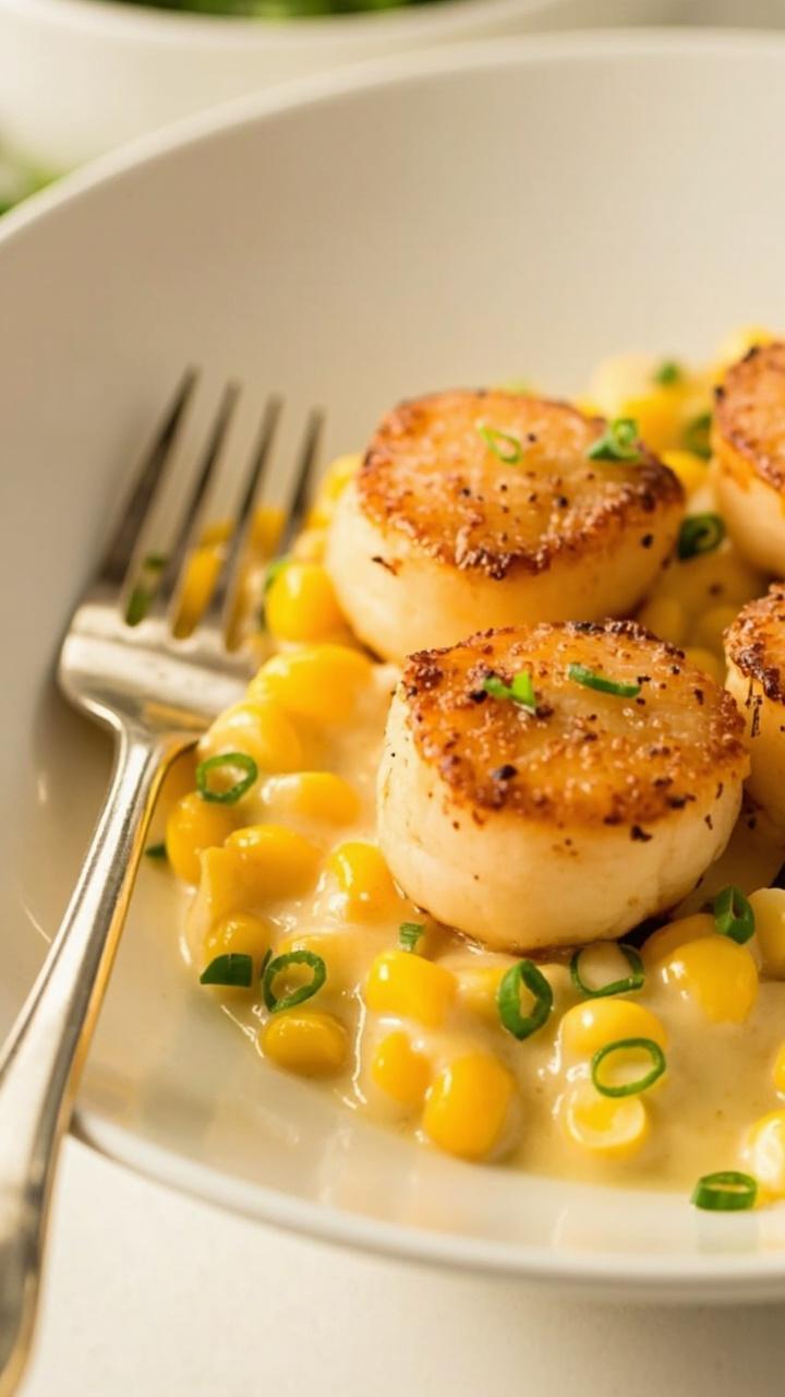 A shallow white bowl has golden scallops sitting atop a bed of creamy yellow corn with flecks of green chive. A silver fork rests on the side of the bowl.