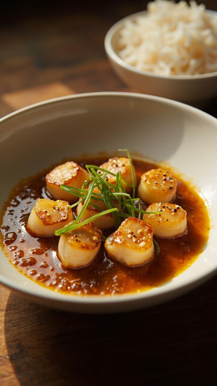 Small golden scallops are set on a shallow ceramic bowl, drizzled with glossy sesame-ginger sauce and topped with thin strips of scallion. A small bowl of rice sits beside.