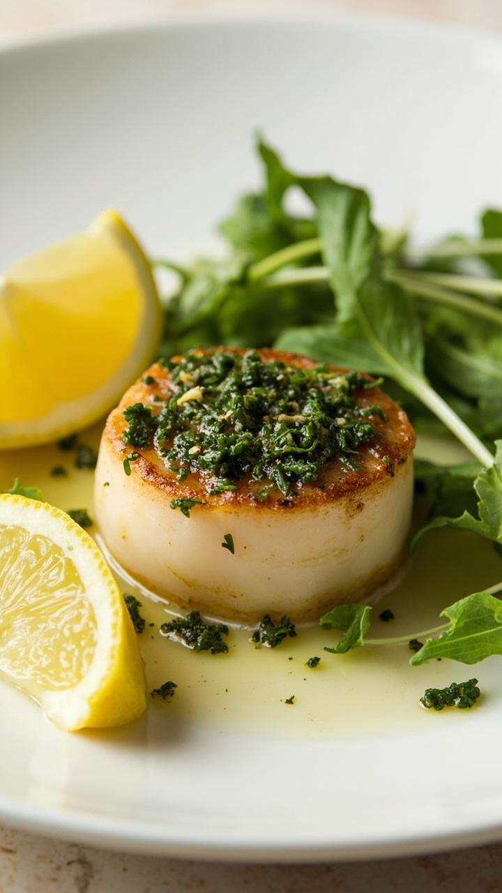 A round white plate holds crisp-edged scallops with flecks of green herb crust. Lemon wedges and baby arugula leaves decorate the plate.