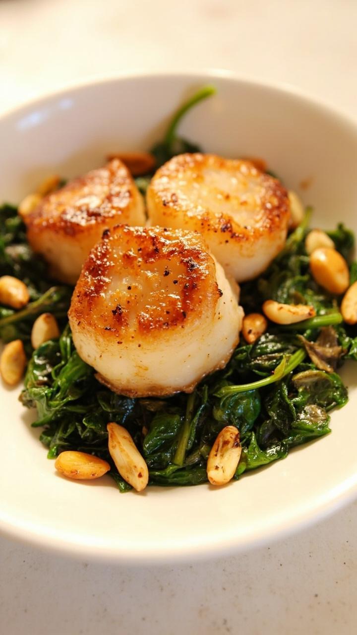 A shallow white bowl displays scallops atop a vibrant bed of wilted, glossy garlic spinach. Toasted pine nuts are sprinkled on top.