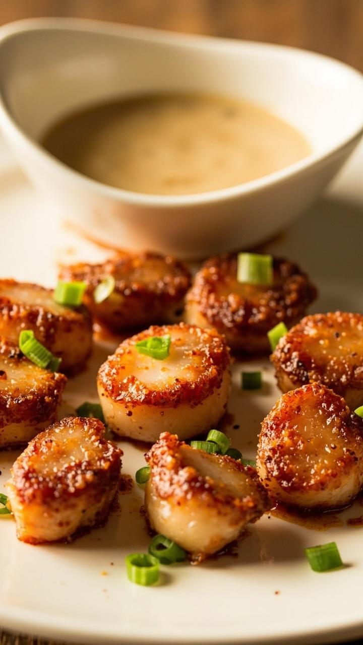 Scallops coated in a deep golden-red cajun crust sit on a wide plate, garnished with chopped green onions. A small bowl of creamy dipping sauce is set nearby.