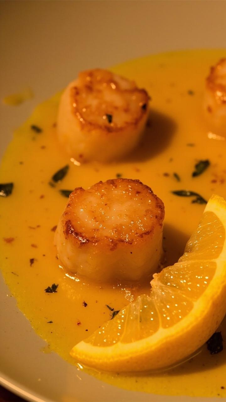 Golden scallops glisten in a pool of brown butter, dotted with toasted sage leaves. The dish is presented on a pale ceramic plate with a wedge of lemon.