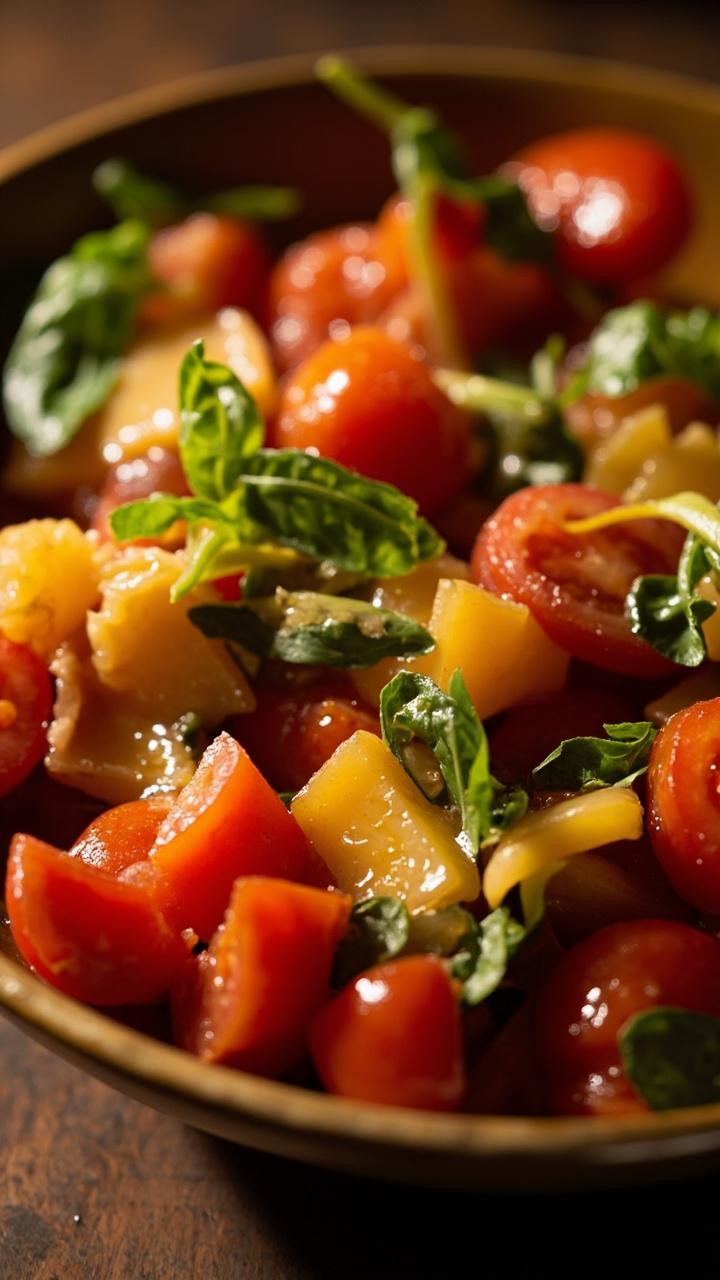 A shallow bowl with golden scallops nestled among chunky red and yellow tomato pieces, scattered basil leaves, and a thin drizzle of olive oil.